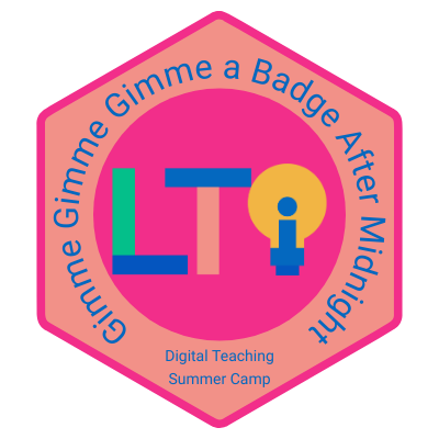 An example of a badge: it's a hexagon that reads, "Gimme Gimme Gimme a Badge After Midnight."